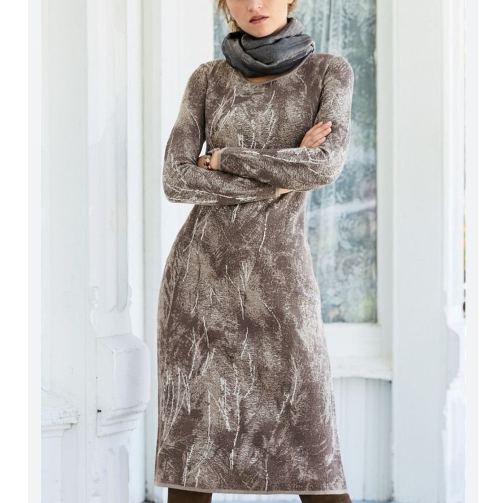 Peruvian Connection Brown Pima Cotton Metallic Abstract Sweater Dress Medium